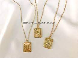 Gold B Initial Necklace Vintage Style Gold Medallion Pendant Necklace 24k Gold Plate Boho Square Letter B Neck J Necklace Initial Necklace Gold Choker Necklace