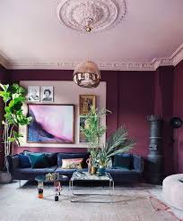 This Room Certainly Has Impact Rich Purple Walls With A Gorgeous Pink Ceiling I Think I Spot A Tom Living Room Wall Color Purple Living Room Room Wall Colors