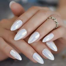 Unicorn Chrome Nails Fake Almond Medium White Acrylic Tips Mirror Shiny Decorative Fingernails With Glue T In 2020 White Chrome Nails Chrome Nails Chrome Nails Designs