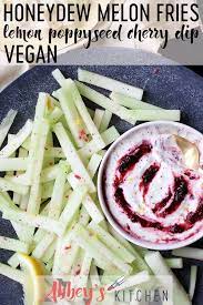 These Vegan Honeydew Melon Fries With Lemon Poppyseed Cherry Dip Make An Easy Gluten Free Summer Snack Breakfa Healthy Vegan Snacks Vegan Snacks Summer Snacks