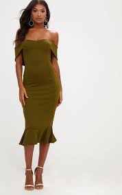 Olive Green Presli Bandage Frill Hem Bodycon Dress Sculpt Your Shape In This Bodycon Mini Dress Olive Green Midi Dress Dresses Bodycon Dress With Sleeves