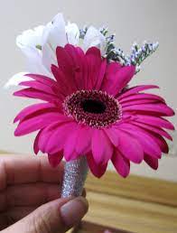 Hot Pink Mini Gerbera Daisy White Alstromeria Caspia Wedding Flower Boutonniere Beautiful Wedding Flowers Prom Corsage And Boutonniere Gerbera Daisy Wedding