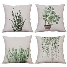 Set Of 4 Green Plant Throw Pillow Covers Decorative Cotton Linen Square Outdoor Cushion Cover Sofa Home Plant Throw Pillow Throw Pillows Bedroom Throw Pillows