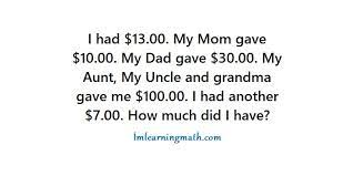 10.in which text did the person have a vegetarian meal? I Had 13 00 My Mom Gave 10 00 My Dad Gave 30 00 My Aunt My Uncle And Grandma Gave Me 100 00 I Had Another 7 00 How Much Did I Have I M Learning Math