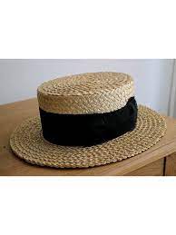 Old French Canotier Boater Hat Straw With Black Ribbon Etsy Black Ribbon Canotier Hats