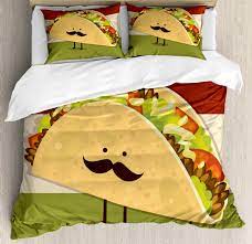 Explore soft and comfortable high quality bedsheets and feel the difference. Amazon Com Ambesonne Food Duvet Cover Set Mexican Taco With Mustached Face Rolled With Veggies Humor Comic Childish Art Decorative 3 Piece Bedding Set With 2 Pillow Shams Queen Size Paprika Green Home