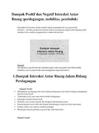 Pengertian ruang dan interaksi antar ruang merupakan salah satu materi pada pelajaran ips (ilmu pengetahuan sosial) kelas vii (7). Dampak Positif Dan Negatif Interaksi Antar Ruang