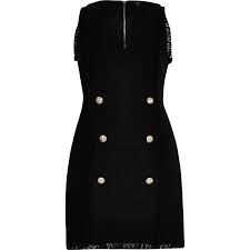 Black Boucle Fringe Trim Mini Dress