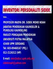 Check spelling or type a new query. Ujian Ips Inventori Personaliti Sidek Oleh Profesor Madya Dr Sidek Mohd Noah Jabatan Pendidikan Kaunselor Psikologi Kaunseling Fakulti Pengajian Course Hero