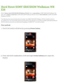 Jun 15, 2010 · sony ericsson w810i unlocking instructions. Hard Reset Sony Ericsson Walkman W8 E16 Manualzz