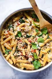 This recipe has fewer calories because of the ground turkey and amazing flavor! One Pot Pasta With Ground Turkey Spinach Foodiecrush
