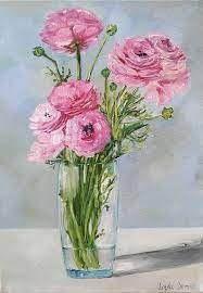 Bouquet Of Flower Oil On Canvas Ranunculus In Glass Vase Still Life Floral Wall Art Shabby Chic Imp Flower Art Floral Painting Flower Painting