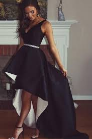 A Line V Neck High Low Black Satin Prom Dress With Beading High Low Prom Dresses Elegant Dresses Black Prom Dresses