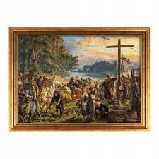 Jak wiadomo, stało się to w roku 966 i miało związek z wcześniejszym nieco małżeństwem mieszka z chrześcijańską księżniczką czeską. Obraz Jan Matejko I Zaprowadzenie Chrzescijanstwa 6110895109 Allegro Pl