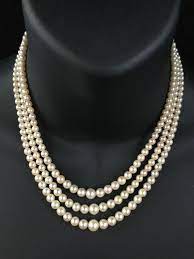 Vintage Three Strand Saltwater Graduated Pearl Necklace 9ct Gold Diamond Clasp Graduated Pearl Necklace Multi Strand Pearl Necklace Pearl Necklace