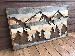 Large Rustic Mountains And Trees Silhouette Wood Wall Art Wood Wall Art Diy Mountain Wood Wall Art Wood Wall Art