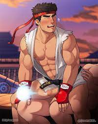 2boys abs anal bara black hair blush bottomless censored closed  eyes cloud cum ejaculation erection fingerless gloves forked eyebrows  gloves hadouken headband large pectorals male focus male only mosaic