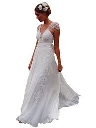 Women S V Neck A Line Ivory Chiffon Beach Wedding Dress Lace Boho Bridal Gown Maxinda Chiffon Wedding Dress Beach Lace Beach Wedding Dress Boho Bridal Gowns