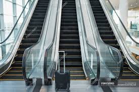 Back view of people moving up the escalator in. Front View Of Three Escalators Side By Side In The Modern Office Interior Indoors Stock Photo 245304018