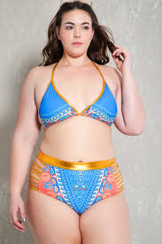 sexy blue gold tribal print strappy plus size two piece swimsuit