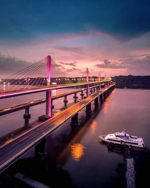 Atal Setu bridge at dusk over the Mandovi River, Panjim, Goa