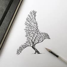 Hand Drawn Simple Bird On Branch Drawing Italian Artist Alfred Basha Combines Animals And Natural Elements Such As Trees Branches And Leaves To Create His Beautif Pen Illustration Bird Sketch Tattoos