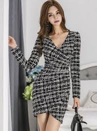 Black Deep V Neck Long Sleeve Plaid Mini Dress Long Sleeve Evening Wear Womens Sheath Dress Mini Sheath Dress