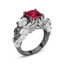 Skull Engagement Ring With Wings Gothic Style Three Stone V Vintage Engagement Rings Unique Oval Engagement Ring White Gold Diamond Alternative Engagement Ring