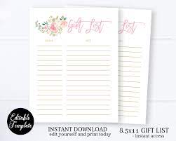 Floral Baby Shower Gift List Printable Gift Tracker Bridal Etsy