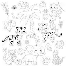 If your child loves interacting. Coloring Page Of Cartoon Jungle Animals And Birds Tropical Plants Flowers And Palm Tree Black And White Illustration Kawaii Vector Characters Royalty Free Cliparts Vectors And Stock Illustration Image 141776257
