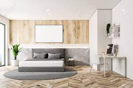 Product title modern round carpet for living room bedroom decor ru. Bedroom Interior With White And Wooden Walls Master Bed Standing Stock Photo Picture And Royalty Free Image Image 110246781