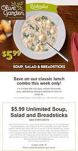 Here you will get to know holiday list of olive garden or working hours that would help you to save your time, you will not have to go outside to olive garden holiday hours 2019. Pinned August 20th Bottomless Lunch Soup Salad Breadsticks 6 At Olivegarden Thecouponsapp Olive Garden Coupons Homemade Soup Olive Gardens