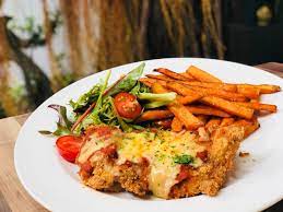 Main Chicken Parmigiana With Sweet Potato Fries Salad Chicken Parmigiana Sweet Potato Fries Food