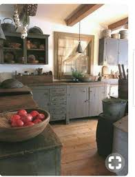 Nice Gray Blue Primitive Cabinets Along With Wide Plank Wood Flooring Country Kitchen Country Kitchen Decor Kitchen Decor