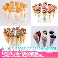 These stylish and freestanding mini ice cream cone stand are ideal for displaying all types of products at your space in a fabulous way. Round Clear Acrylic Mini Ice Cream Cone Holder Stand 16 Holes To Display Sushi Hand Rolls Popcorn Cotton Candy French Fries Sweets Savory Ice Cream Recipe Ebook Included