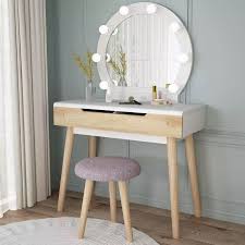 The beauty experts at the good housekeeping institute collected. Vanity Set With Round Lighted Mirror Wood Makeup Table Dressing Dresser Desk 2 Drawers Cushioned Stool For Bedroom Free Shipping Dressers Aliexpress