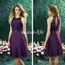 2015 Purple Short Bridesmaid Dress High Neck Lace Chiffon Sash Bridesmaid Navy Blue Bridesmaid Dresses Beach Bridesmaid Dresses Cheap Beach Bridesmaid Dresses