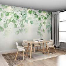 Watercolor Fresh Green Leaves Vine Wallpaper Wall Mural Etsy Wall Wallpaper Wallpaper Living Room Room Wallpaper