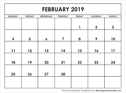 February 2019 Calendar Starting Monday Calendar 2019 Calendar Free Calendar Template