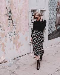 Black And White Polka Dot Skirt Outfit Ideas Polka Dot Midi Skirt Black Polo Neck Jumper Black Ankle Boots Perfect Winter Outfit Inspirat Polka Dot Skirt Outfit Dot Skirt Outfit Polka Dot Skirt Winter