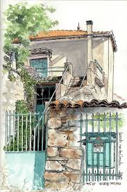 Maison Bleue Le Rocher Watercolor Architecture Architecture Drawing Watercolor Landscape