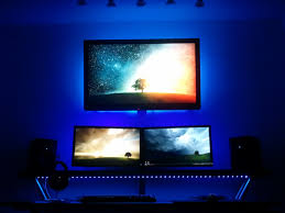 Awesome Awesome Battlestation Epic Backlighting Perfect Monitor Tv Configuration We Salute You Fine Gent Battlestation Computer Setup Led Lighting Setup
