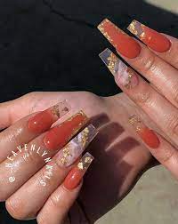 Picture of glitter burnt orange nails. 40 Beautiful Nail Design Ideas To Wear In Fall Burnt Orange And Gold Foil