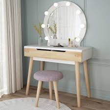 5 drawers and a removable organizer can provide ample storage space for your cosmetics, jewelry, nail polish and other beauty products. Tribesigns Wood Makeup Vanity Table Set With Round Lighted Mirror With 2 Drawers And Cushioned Stool