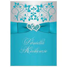 Wedding Invitation Turquoise Silver Floral Printed Ribbon Joined Jeweled Hearts Christian Wedding Invitations Wedding Invitation Card Template Silver Wedding Invitations