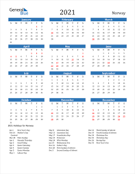 2021 calendar printable template including week numbers and united states holidays, available in pdf word excel jpg format, free download or print. Norway Calendars With Holidays