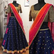 Beautiful Royal Blue Color Designer Lehenga And Gold Zardosi Work Blouse With Pink And Orange Color Com Designer Lehenga Choli Half Saree Designs Saree Designs Navy blue color swatch sample. designer lehenga choli