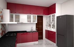 Red White Kitchen Modular Kitchen Loft Storage Crockery Unit Black Counter Top Glass Shutters White Kitchen Rustic Red Kitchen Kitchen Colors