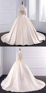 Sequins Beaded V Neck Champagne Wedding Dresses Ball Gowns With Sleeves Satin Bridal Gowns Long Train Wedding Dress Beige Wedding Dress