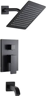 This included tearing out the old tile and putting in a new tub and shower faucet combo. Pop Black Shower Faucet Set With Tub Spout Bathroom Luxury Rain Mixer Shower System Wall Mounted Rainfall Shower Combo Set Single Handle Tub And Shower Trim Kit With Rough In Valve